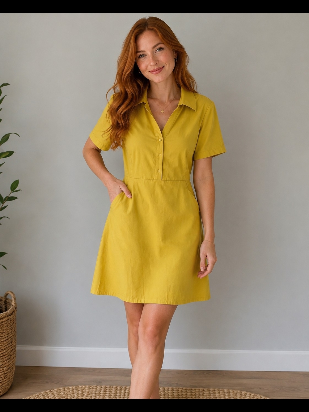 Goelia Women's Size 6 Mustard Yellow Knee Length Shirt Dress Cotton Blend Bow